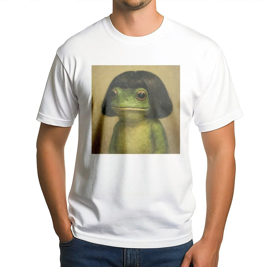 Frog With Wig Meme T-Shirt | Funny Aesthetic Frogcore Graphic Tee | Premium Cotton Casual Apparel | Quirky Gift for Frog Lovers & Internet Culture