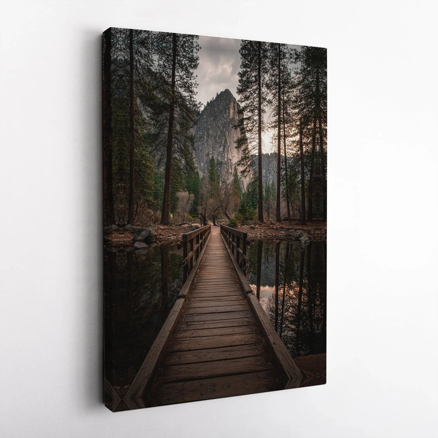 Mountain Forest Landscape Canvas Print | Wooden Bridge Reflection Artwork | Premium Gallery Wrap Wall Decor | Nature-Inspired Home Office Art