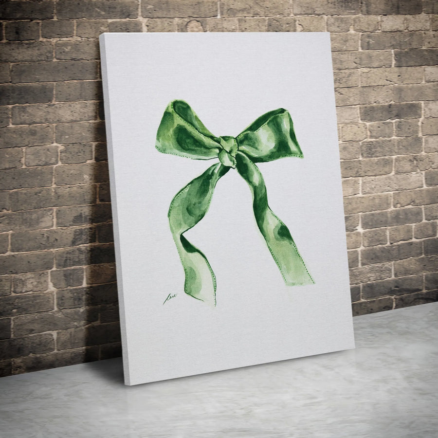 Green Ribbon Bow Canvas Wall Art | Watercolor Style Painting | Premium 1.25" Thick Gallery Wrap | Preppy Nursery & Farmhouse Wall Decor Gift