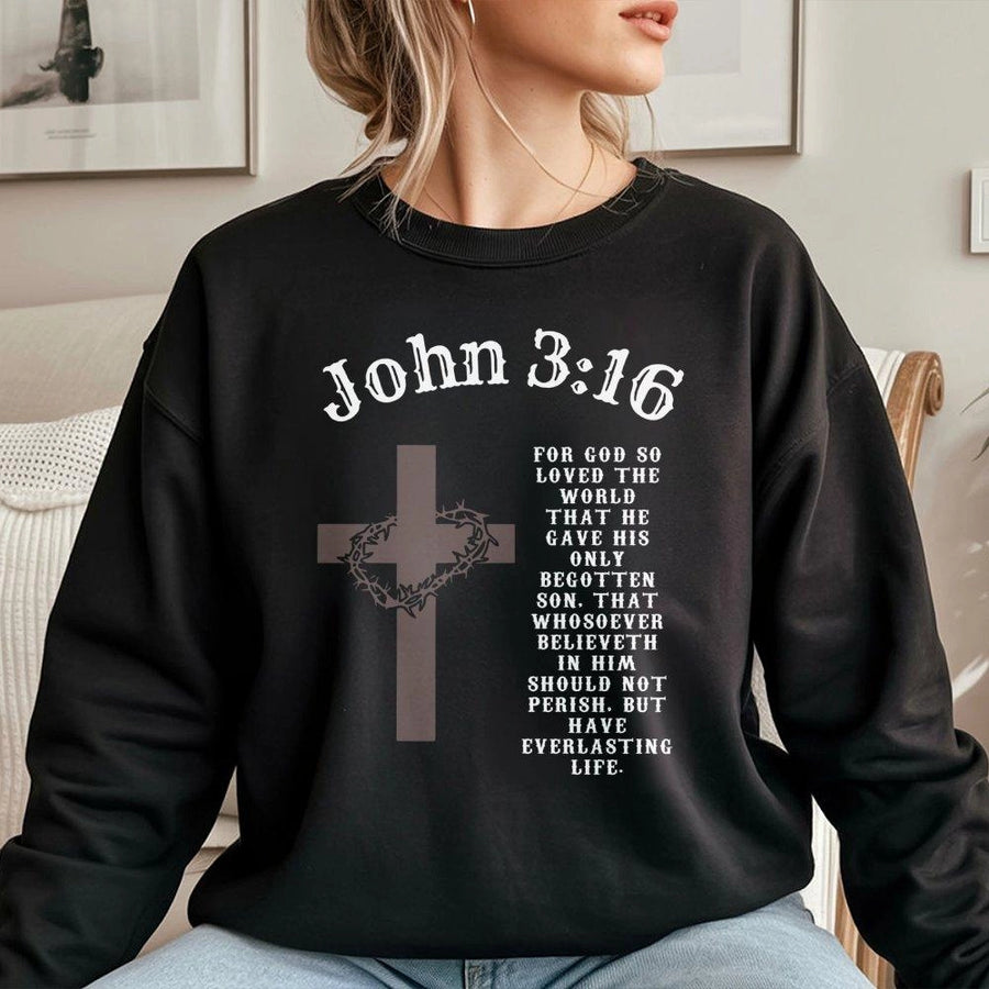 John 3:16 Sweatshirt | Christian Cross Bible Verse Graphic | Premium Cotton Blend | Faith Based Gift for Men and Women