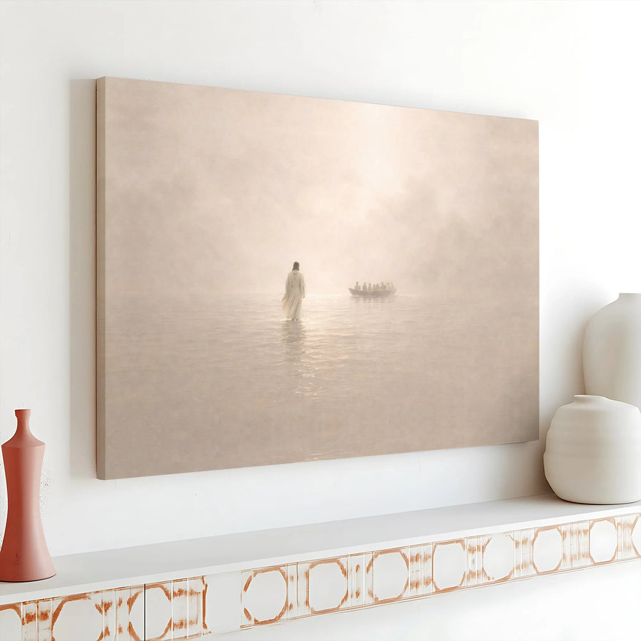 Jesus Walking on Water Horizontal Canvas | Ethereal Biblical Faith Scene | Premium 1.25” Thick Gallery Style Canvas | Serene Christian Home Decor Gift