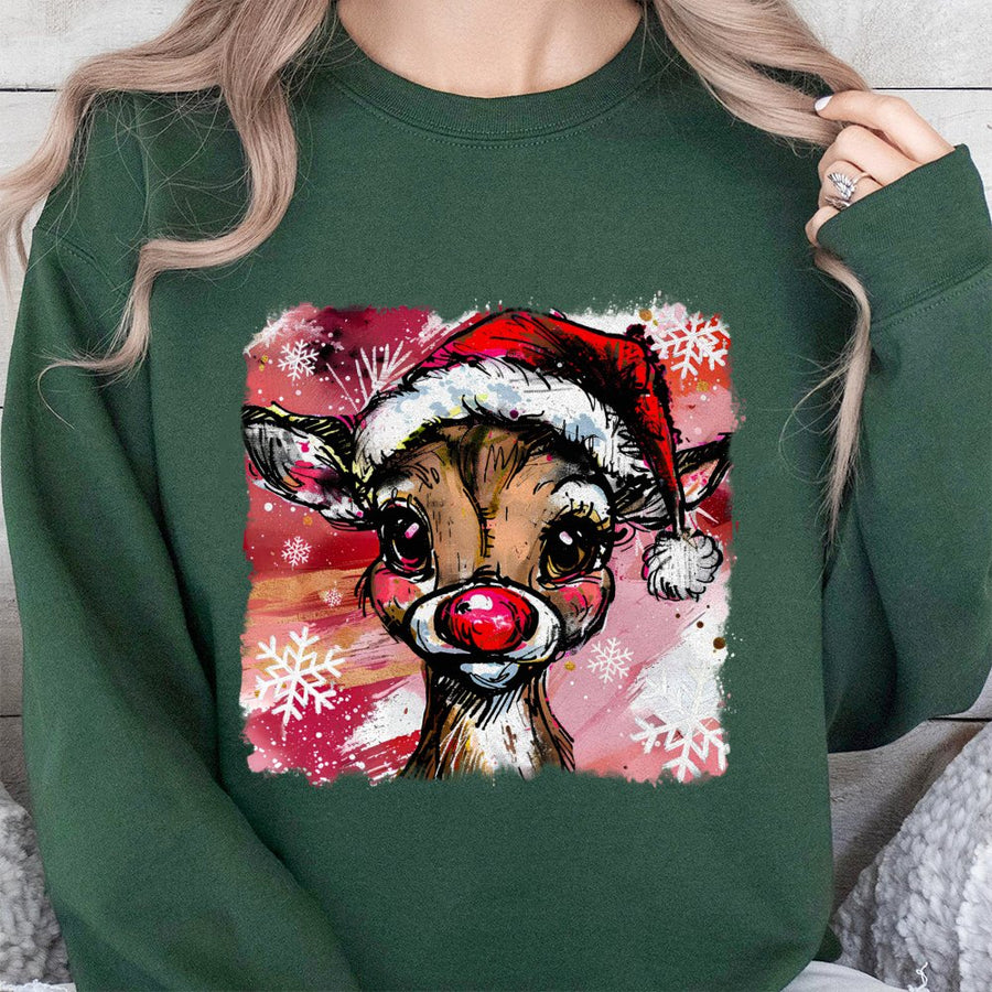 Reindeer Christmas Sweatshirt | Cute Red Nosed Holiday Graphic | Premium Cotton Blend | Cozy Festive Gift for Women and Men