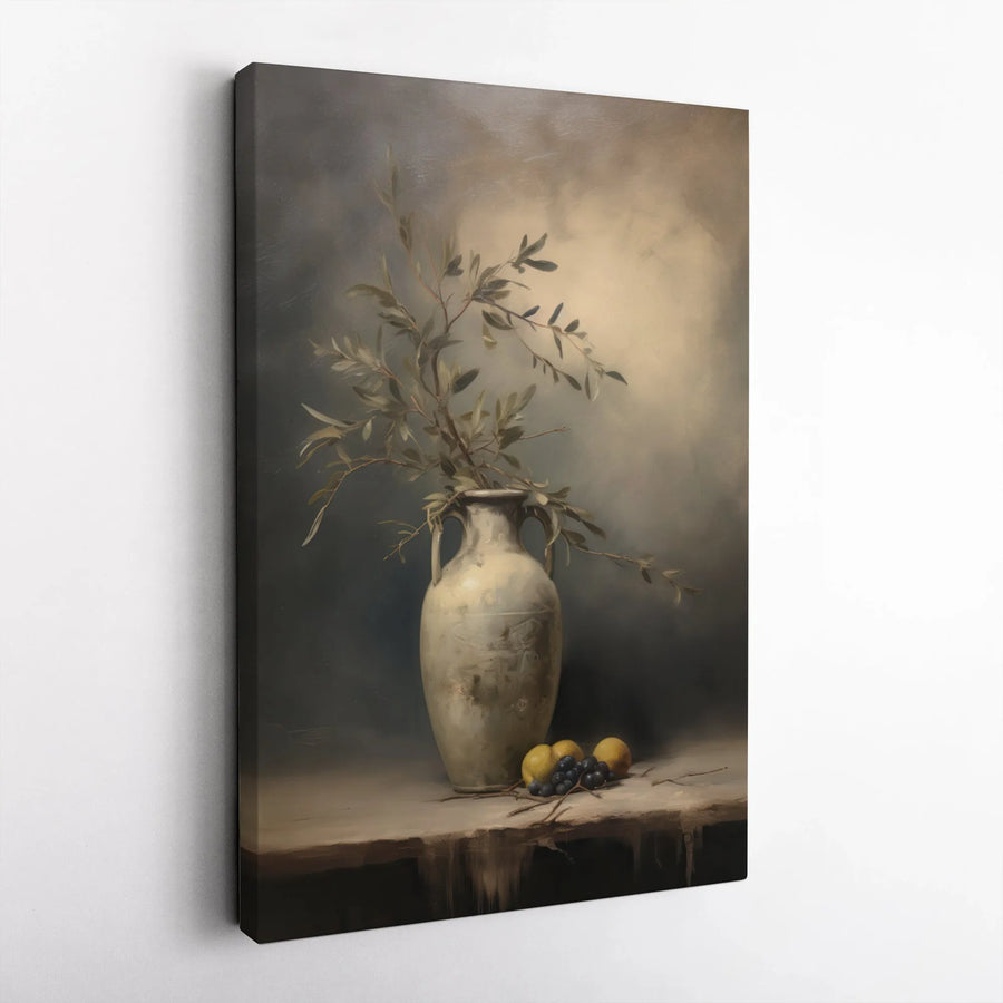 Still Life Canvas Art | Olive Branch and Lemon Vase Painting | Premium Gallery Wrap Wall Decor | Farmhouse Kitchen Living Room Gift
