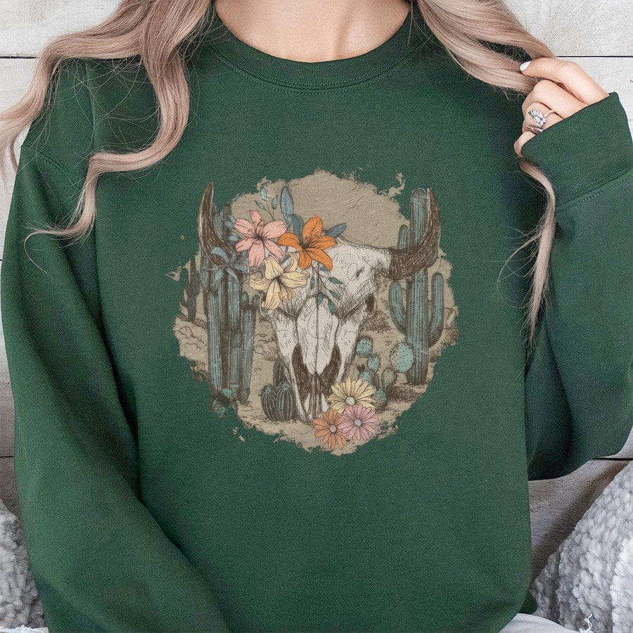 Western Cow Skull Sweatshirt | Floral Desert Cactus Graphic | Premium Cotton Blend | Boho Aesthetic Gift for Women