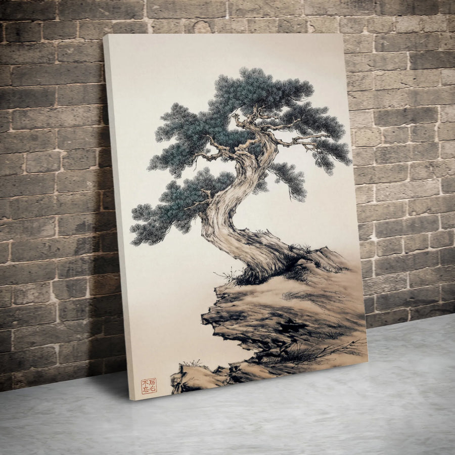Chinese Pine Tree Wall Art | Ink Wash Style Bonsai Cliff Canvas | Gallery Wrapped Premium Print | Zen Home Decor Gift
