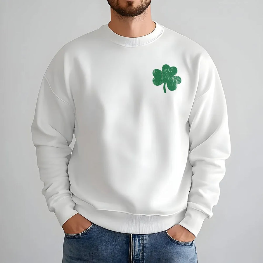 Minimal Shamrock Sweatshirt | Distressed Clover Left Chest Graphic | Soft Cotton Blend | Unisex St. Patrick's Day Gift for Him or Her