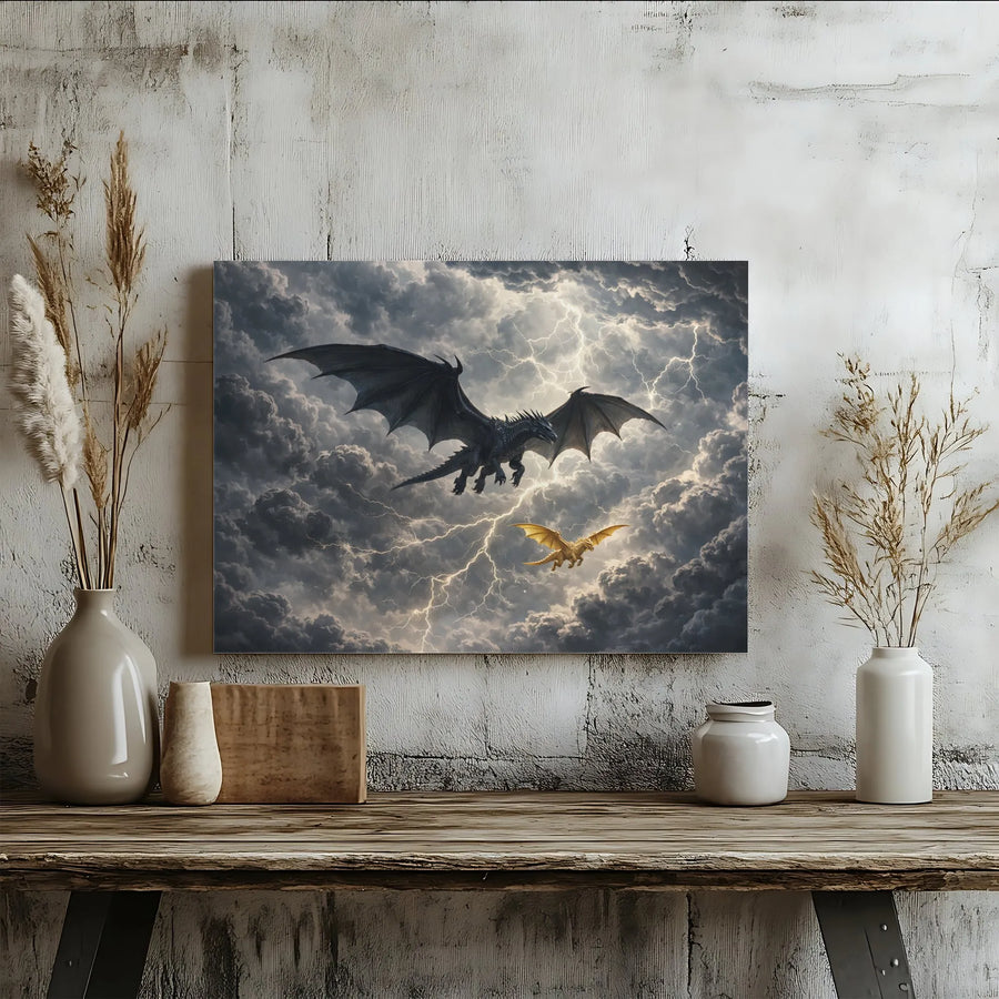 Epic Dragon Canvas Wall Art | Black and Gold Dragons in Lightning Storm | Premium Gallery Wrapped Canvas | Gift for Fantasy Lover, Gamer Room Decor