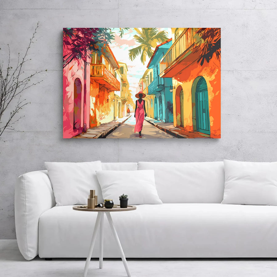 Tropical Street Canvas Art | Vibrant Colorful Town Painting | Premium Gallery Wrap 1.25" Frame | Bohemian Wall Decor for Living Room