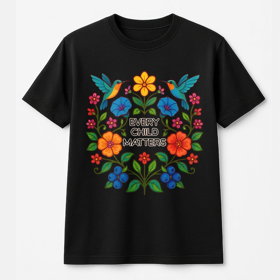 Every Child Matters T-Shirt | Floral Hummingbird Indigenous Art Design | 100% Cotton Premium Tee | Awareness Gift for Men and Women