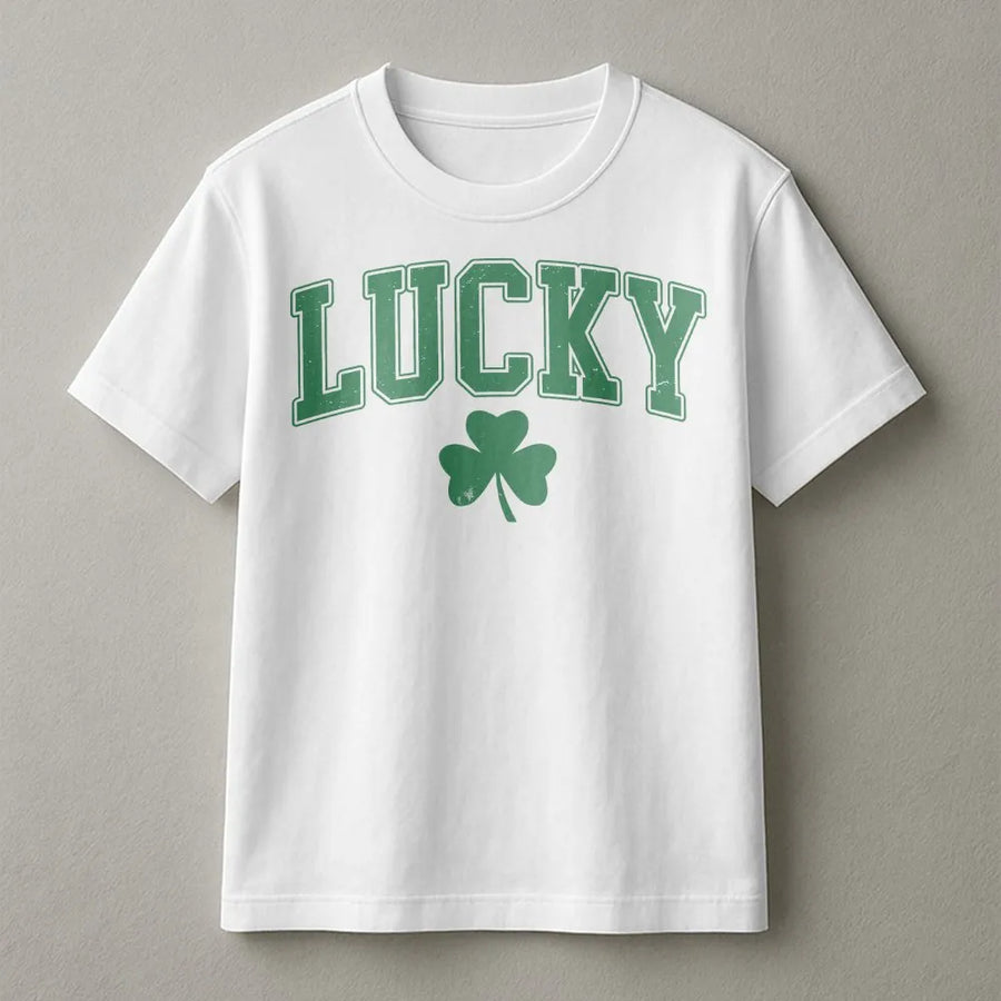 Lucky Shamrock T-Shirt | Distressed Varsity Lettering Irish Design | Premium Cotton Apparel | Festive St. Patrick's Day Gift for Men and Women