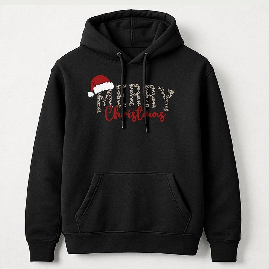 Merry Christmas Hoodie | Leopard Print Santa Hat Graphic | Premium Cotton Blend Unisex Sweatshirt | Festive Holiday Gift for Her