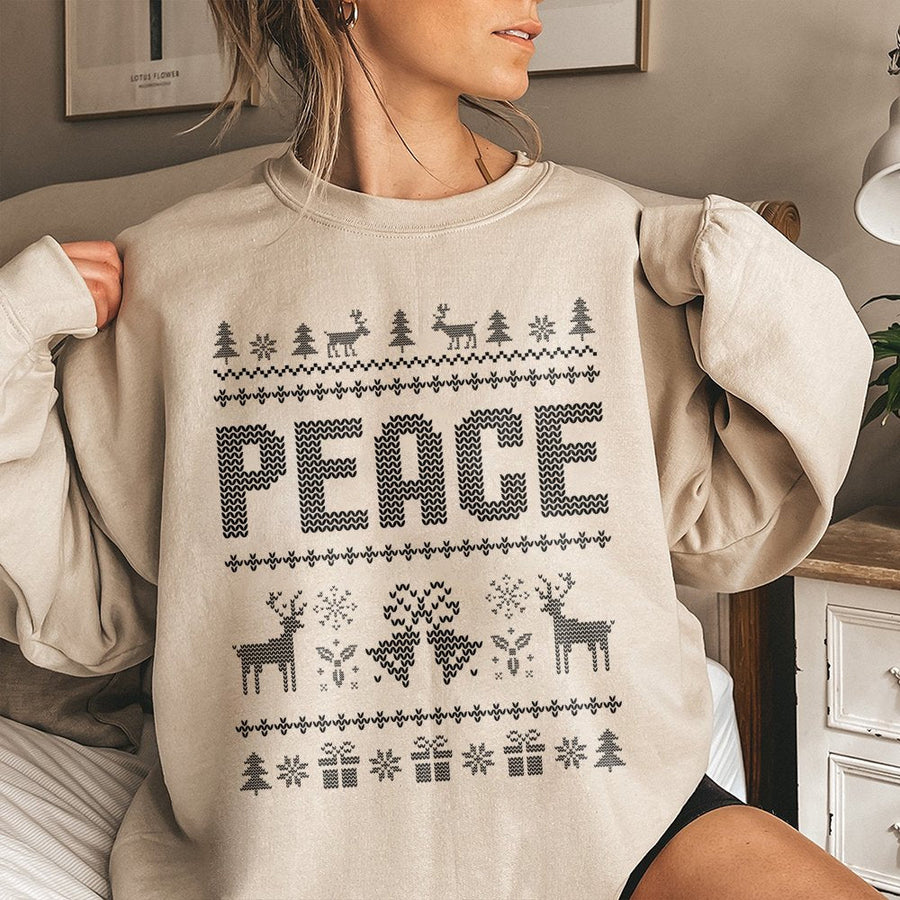 Peace Ugly Christmas Sweatshirt | Reindeer Snowflake Holiday Graphic | Premium Cotton Blend | Matching Couples Xmas Gift