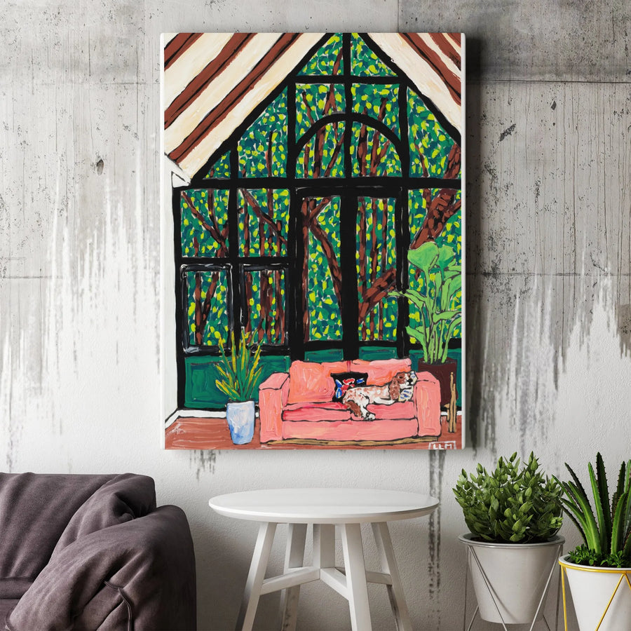 Springer Spaniel Vertical Canvas | Colorful Painting of Dog Napping on Pink Sofa | Premium Gallery Wrap Art | Gift for Dog Lover & Modern Home Decor