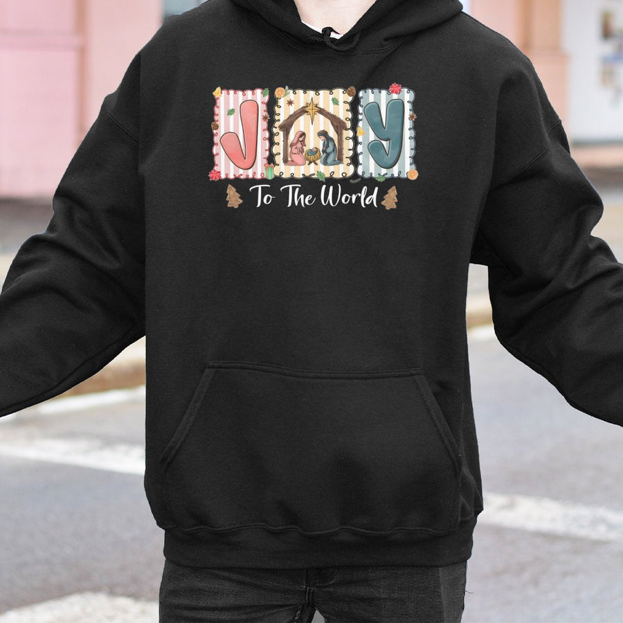 Joy To The World Hoodie | Nativity Scene Christmas Graphic | Premium Cotton Blend | Faith-Based Religious Holiday Gift for Women and Men