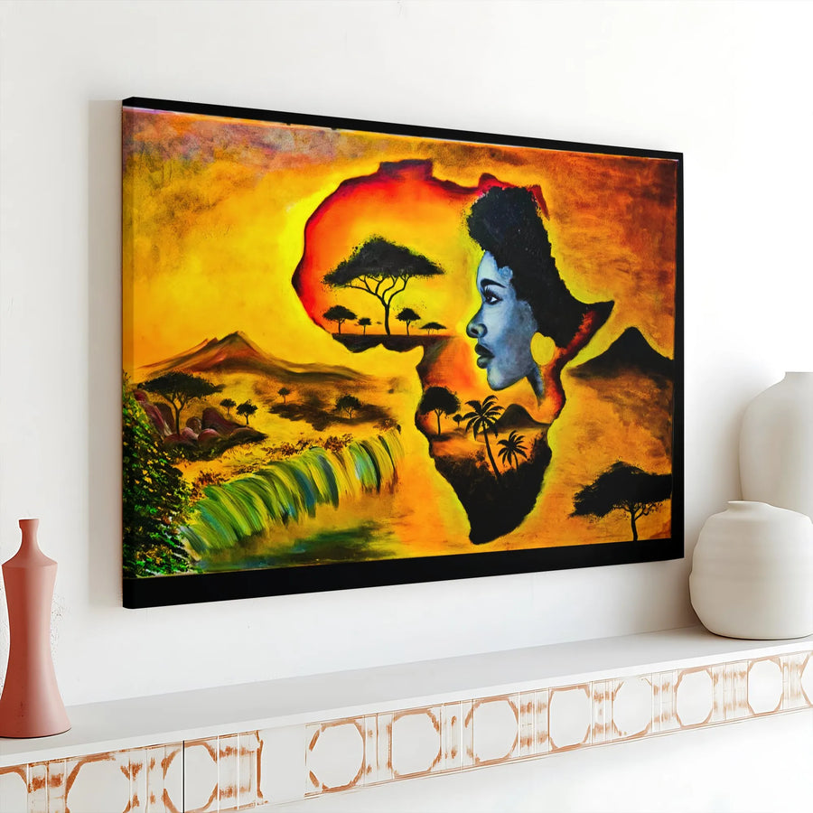 African Woman Canvas Print | Africa Map Silhouette with Savannah | Premium Fade-Resistant Gallery Art | Afrocentric Home Decor Gift