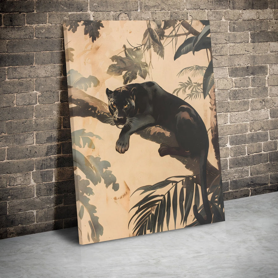 Black Panther Jungle Wall Art | Vintage Tropical Wildlife Canvas Print | 1.25 Inch Gallery Wrap | Exotic Animal Decor for Living Room