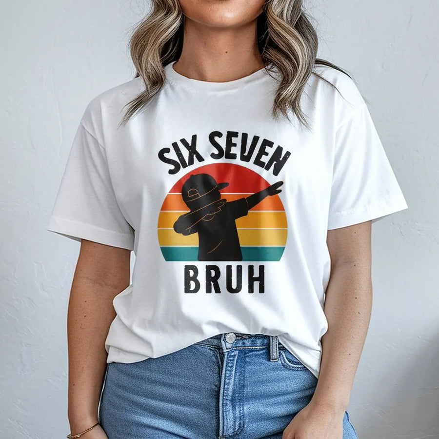 Six Seven Bruh T-Shirt | Retro Dabbing Kid Graphic | Premium Cotton Streetwear | Funny 7th Birthday Gift For Boys