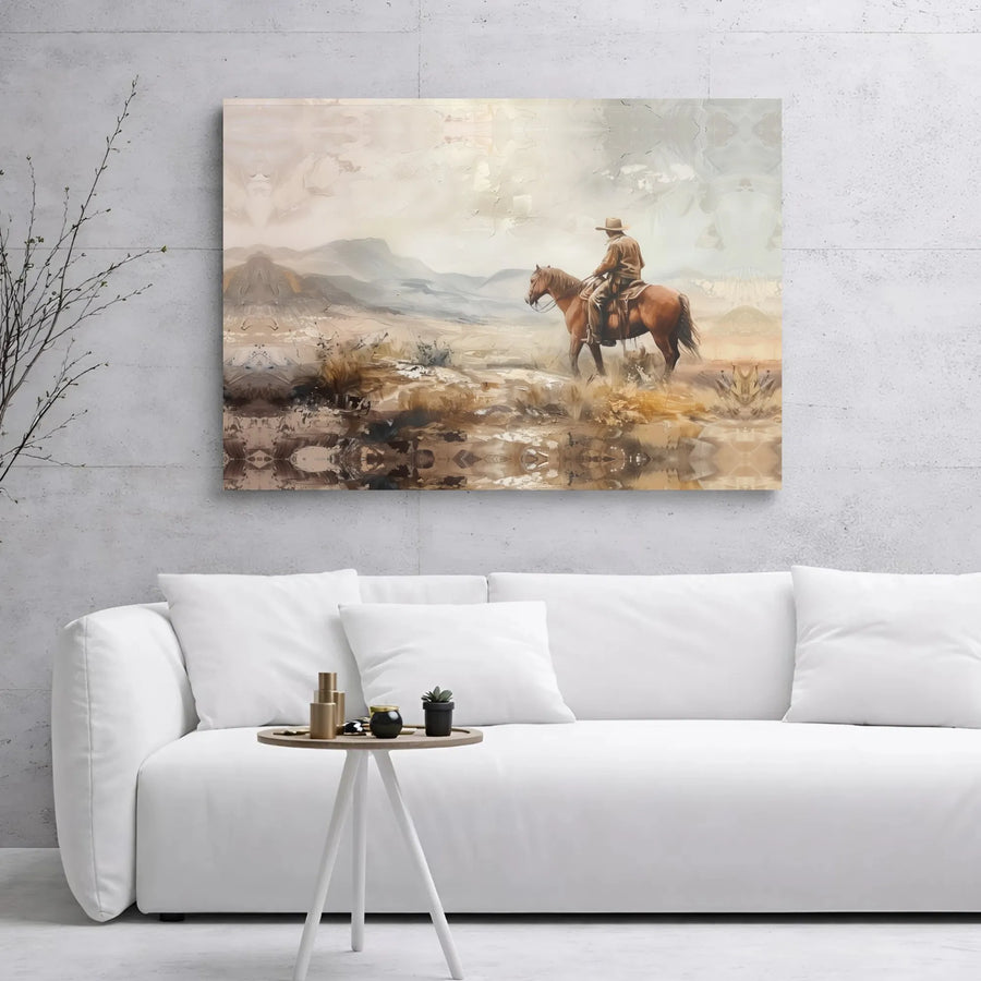 Lone Cowboy Canvas Wall Art | Abstract Western Landscape Painting | Gallery-Wrapped Premium Print | Rustic Decor for Home Office