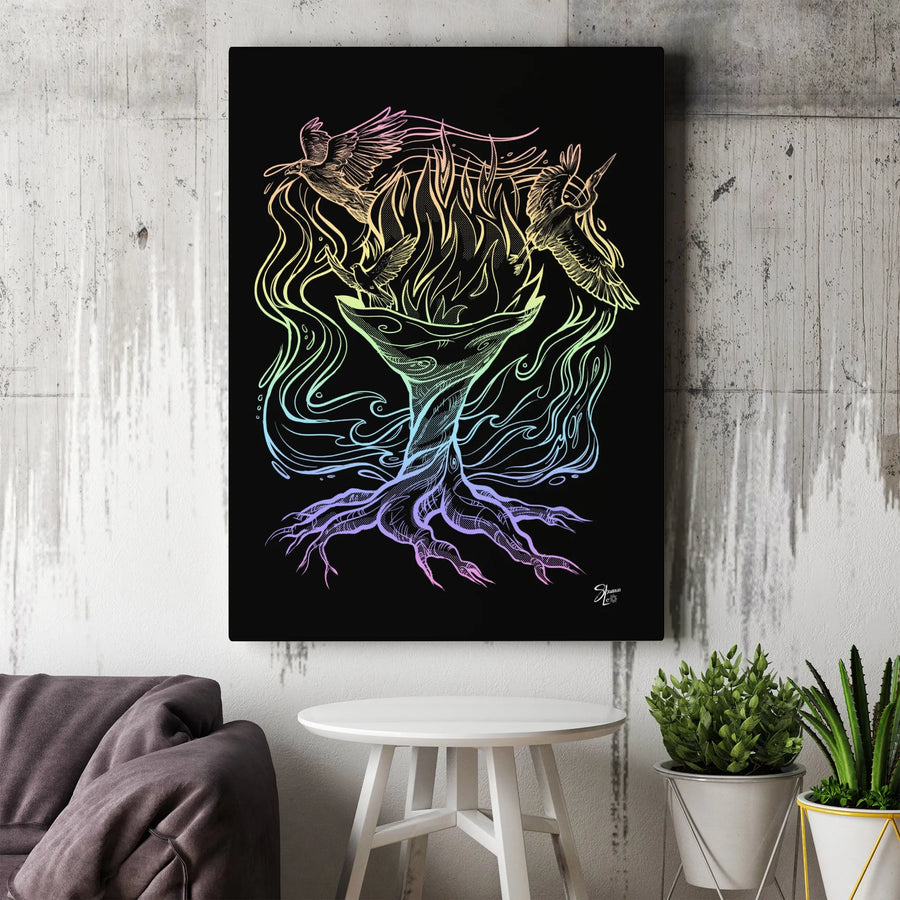 Surreal Tree Root Wall Art | Rainbow Flaming Chalice Illustration | Gallery-Quality Canvas Print | Unique Spiritual Home Decor Gift