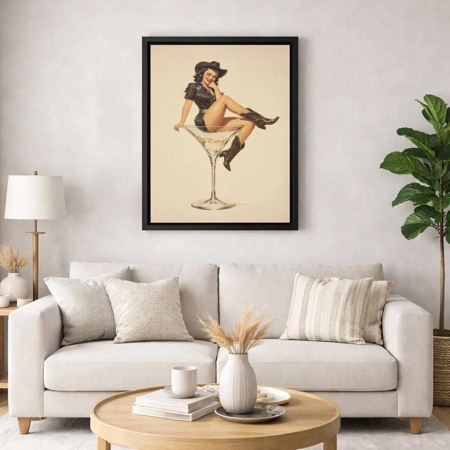 Vintage Cowgirl Pin-Up Canvas Art | Martini Glass Western Retro Poster | Premium 1.25 Inch Gallery Wrap | Bar Decor Wall Art for Home or Office