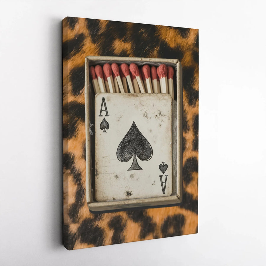 Ace of Spades Canvas Wall Art | Vintage Matchbox & Playing Card on Leopard Print | Premium 1.25" Thick Canvas | Modern Game Room & Man Cave Decor Gift