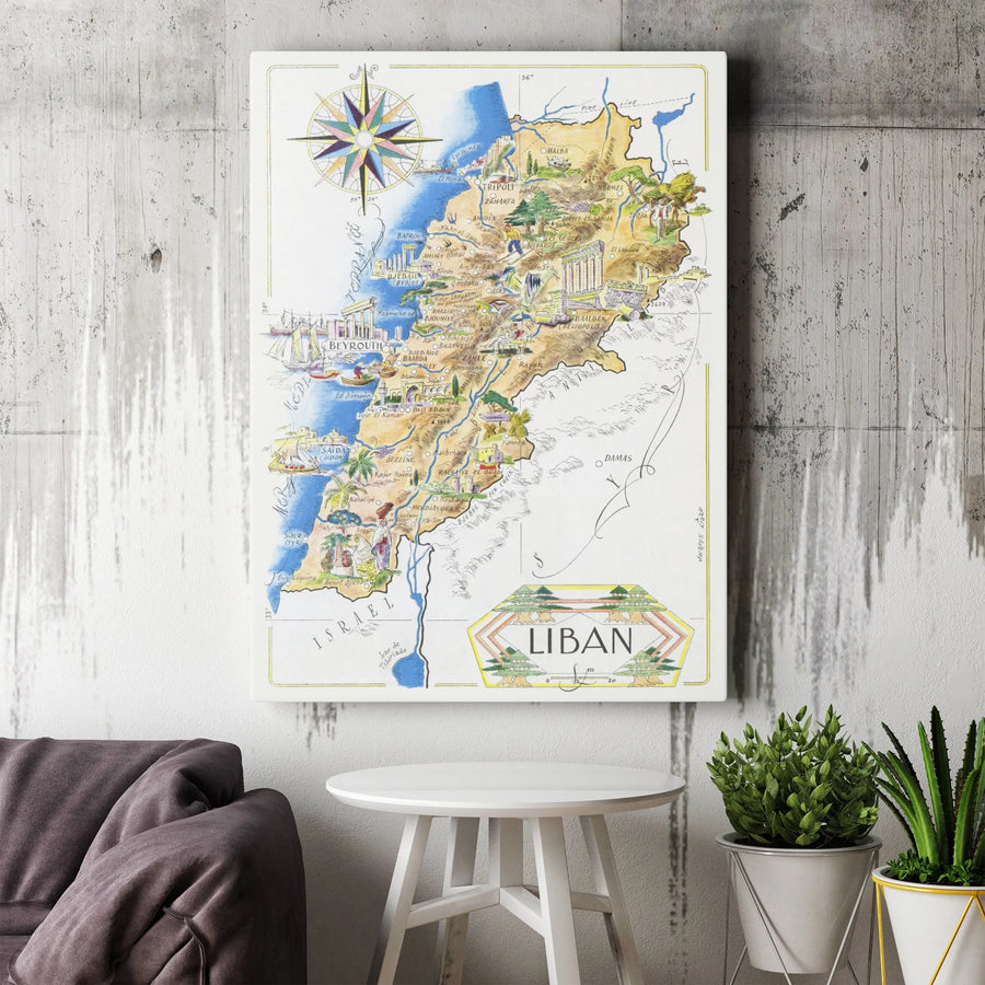 Lebanon Map Canvas Wall Art | Vintage Illustrated Landmarks Print | Premium 1.25-Inch Gallery Wrap | Home Decor Gift for Lebanese Culture Lovers