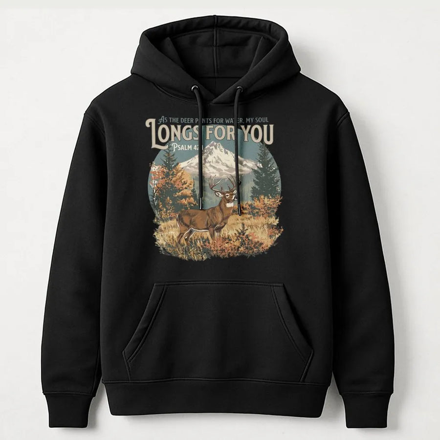 Psalm 42 Christian Hoodie | Vintage Deer & Mountain Graphic | Cozy Cotton Blend | Inspirational Faith Gift for Believers