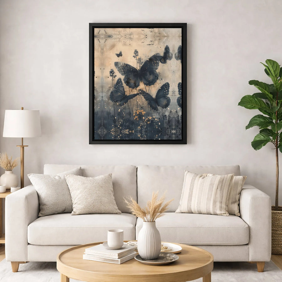 Dark Butterfly Wall Art | Abstract Gold Splatter Floral Canvas | Premium Gallery-Wrapped Print | Elegant Home Decor for Living Room