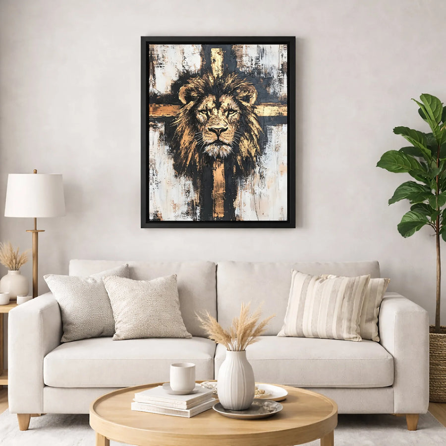 Lion of Judah Canvas Print | Abstract Christian Cross Wall Art | Premium Fade-Resistant Gallery Wrap | Religious Home Decor Gift for Believers