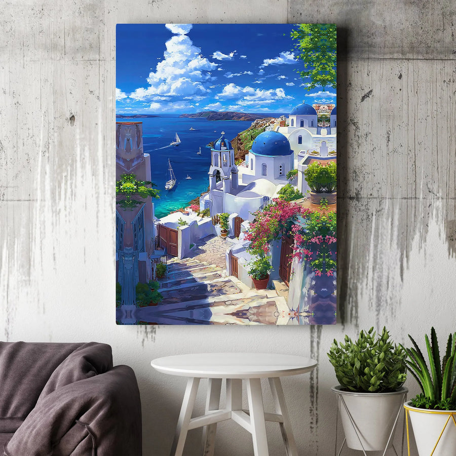 Santorini Greece Canvas Wall Art | Vibrant Anime Style Seascape Print | Premium Frameless Canvas | Mediterranean Travel Lover Gift for Living Room Decor