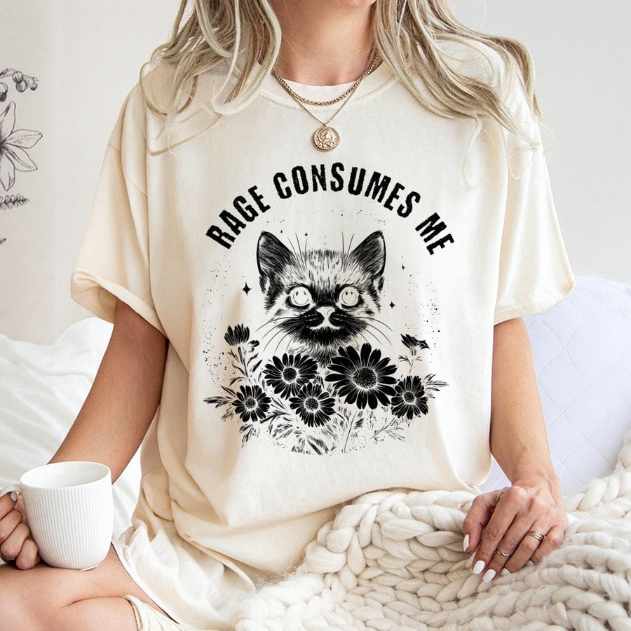 Rage Consumes Me Cat T-Shirt | Funny Aesthetic Kitten Floral Graphic Tee | Premium 100% Cotton Apparel | Cute Meme Gift for Cat Lovers