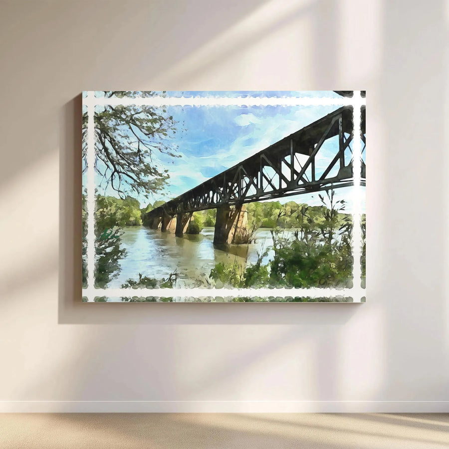 Truss Railroad Bridge Canvas Print | Watercolor River Landscape Wall Art | Gallery Quality 1.25" Frame | Rustic Home Decor Gift