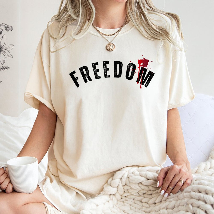 Freedom Graphic T-Shirt | Patriotic Distressed Lettering Design | 100% Soft Cotton Tee | Premium Gift for Conservative Patriots