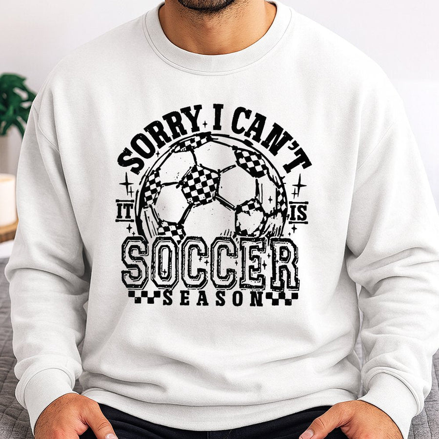 Sorry I Can't It's Soccer Season Sweatshirt | Retro Checkered Ball Graphic | Premium Cotton Blend | Gift for Soccer Moms and Players