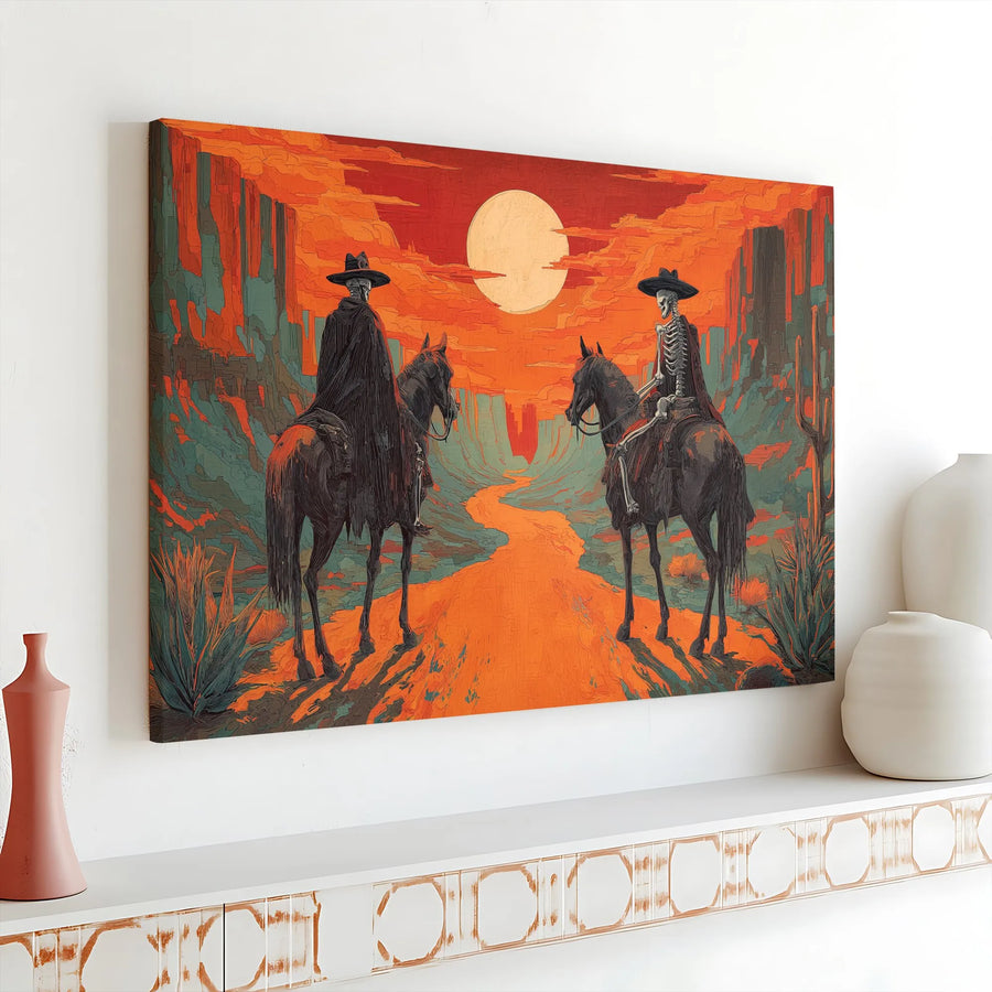Skeleton Cowboy Canvas Wall Art | Western Desert Sunset Gothic Decor | Premium Gallery-Wrapped Print | Gift for Western Art Enthusiasts
