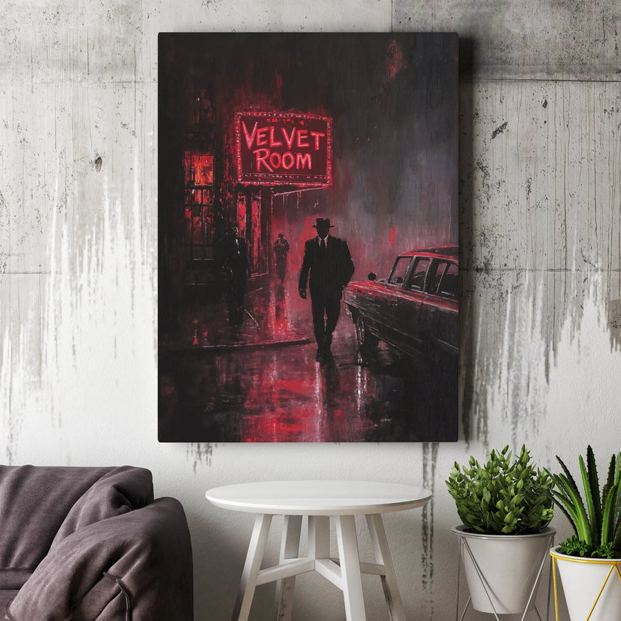 Film Noir Wall Art | Velvet Room Neon Sign Gangster Canvas Print | Premium Gallery Wrapped Decor | Moody Detective Aesthetic for Office