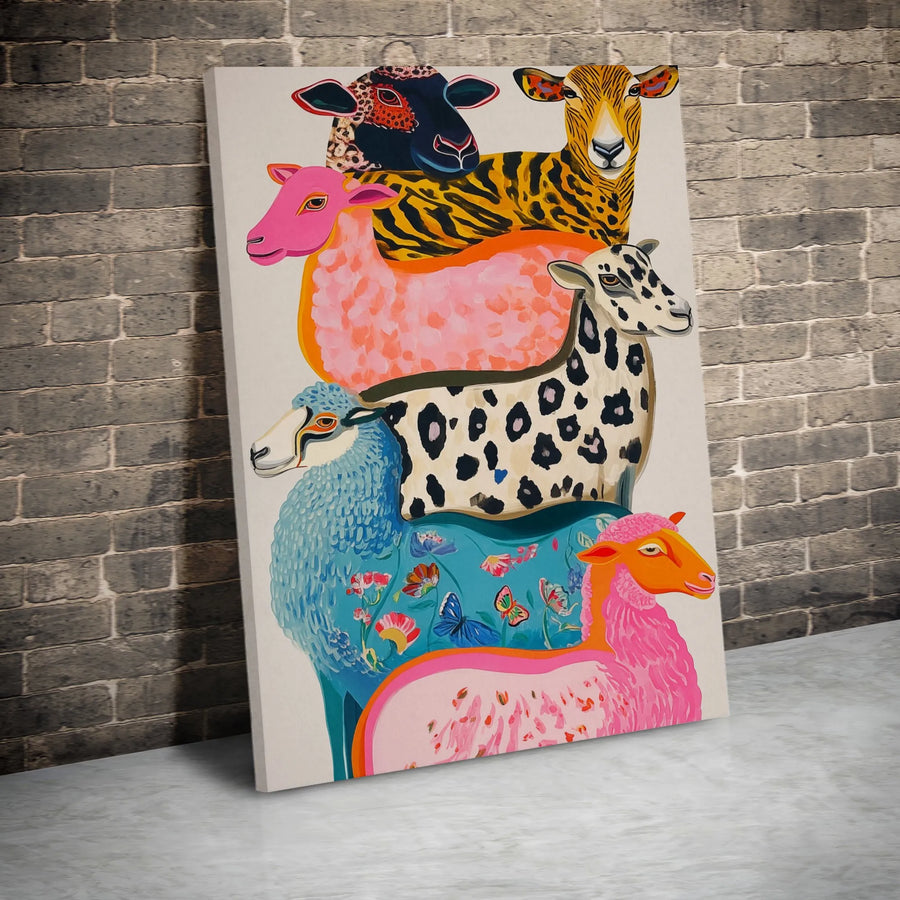 Colorful Stacked Sheep Canvas Wall Art | Quirky Animal Farmhouse Decor | Gallery Quality 1.25-Inch Profile | Vibrant Eclectic Home Decor Gift