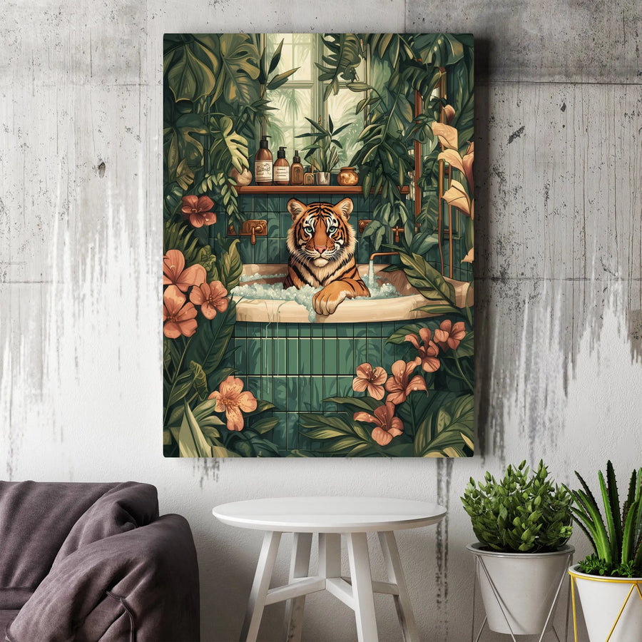 Tiger In Bathtub Wall Art | Tropical Jungle Bathroom Decor | Premium Gallery Wrap Canvas | Unique Animal Portrait Gift For Home
