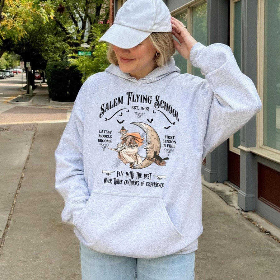 Salem Flying School Hoodie | Vintage Witchcraft Aesthetic Graphic | Premium Cotton Blend | Spooky Halloween Gift for Witchy Lovers