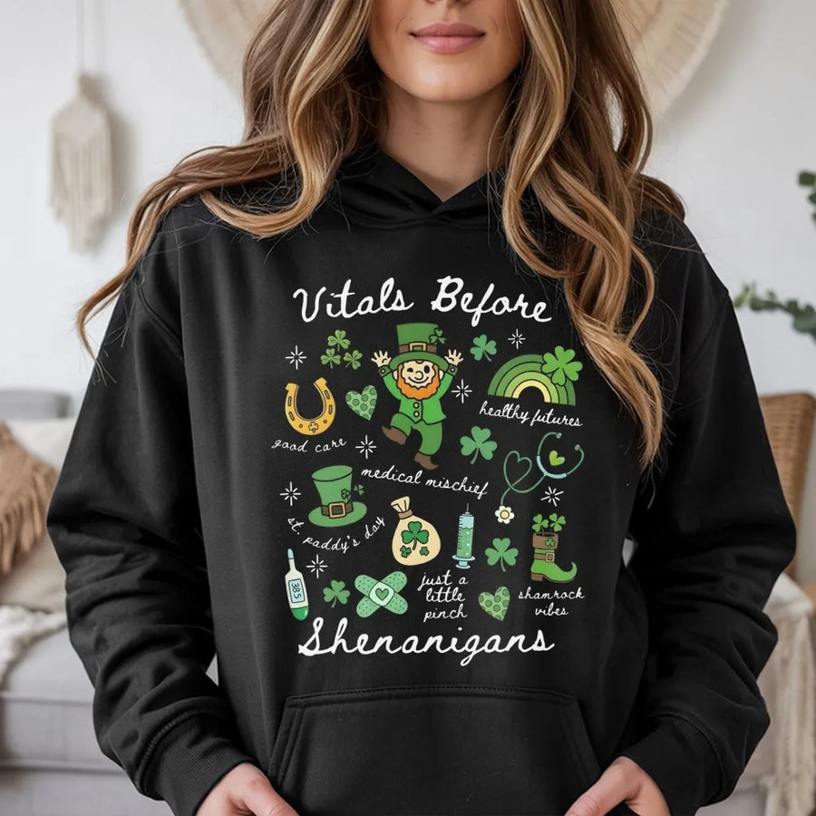 Vitals Before Shenanigans Hoodie | St Patrick’s Day Nurse Gift | Premium Cotton Blend | Funny Healthcare Worker St. Paddy's Day Apparel