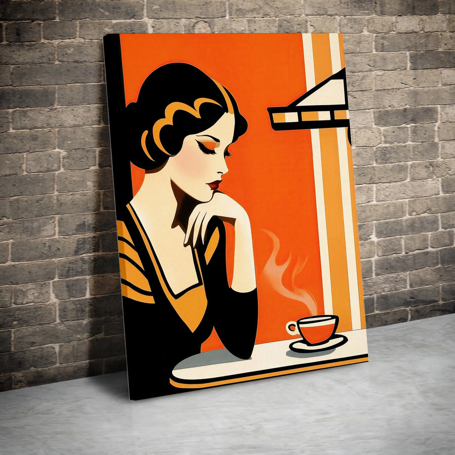 Art Deco Woman Coffee Wall Art | Vintage Cafe Poster Print | Premium Gallery Wrapped Canvas | Elegant Home Decor Gift