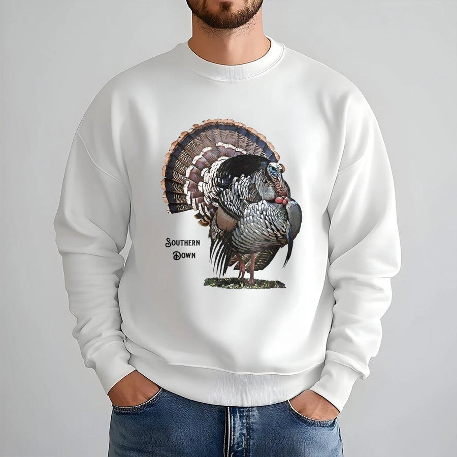 Wild Turkey Graphic Sweatshirt | Southern Down Wildlife Hunting Art | Premium Cotton Blend Crewneck | Outdoorsman Gift For Hunter And Nature Lover