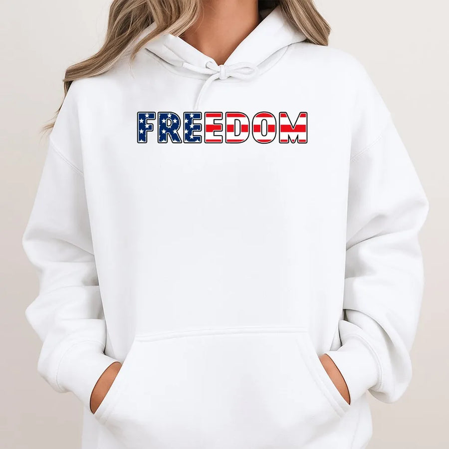 Freedom Hoodie | American Flag Patriotic Text Design | Soft Unisex Crewneck | Gift for Patriot 4th of July Apparel