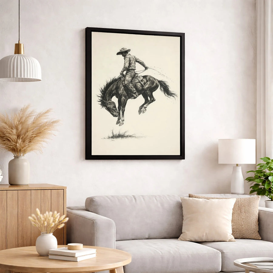 Western Cowboy Canvas Print | Bucking Bronco Rodeo Sketch Art | Premium Gallery Wrapped Wall Decor | Rustic Farmhouse Living Room Gift