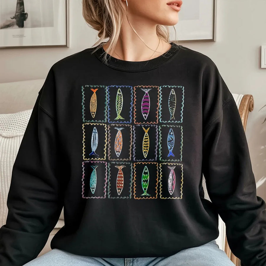 Sardine Fish Sweatshirt | Colorful Fish Stamp Collector Graphic | Soft Cotton-Blend Pullover | Gift for Ocean Lover