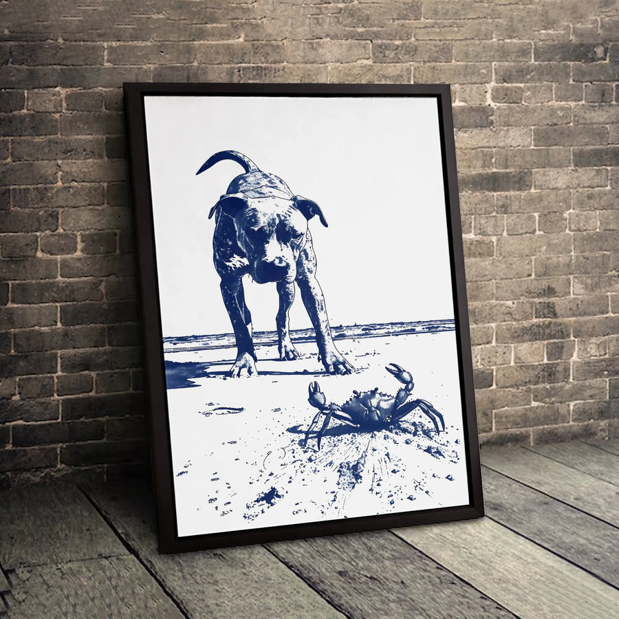 Pit Bull Dog and Crab Wall Art | Coastal Blue Ink Sketch Print | Gallery-Quality 1.25" Canvas | Unique Gift for Dog Lovers