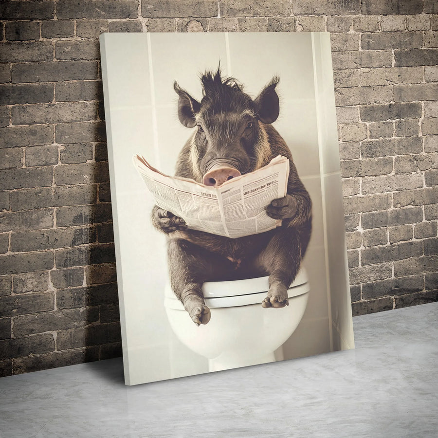 Funny Boar Reading Newspaper On Toilet Canvas | Whimsical Bathroom Wall Art | Premium Gallery Wrapped Print | Unique Home Decor Gift Idea