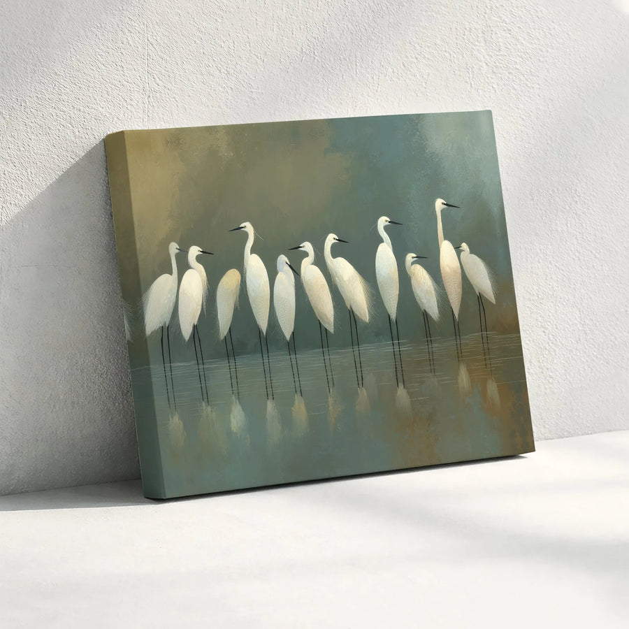 White Egret Canvas Wall Art | Coastal Birds Painting with Water Reflection | Premium Gallery Wrapped Canvas | Living Room Decor Gift