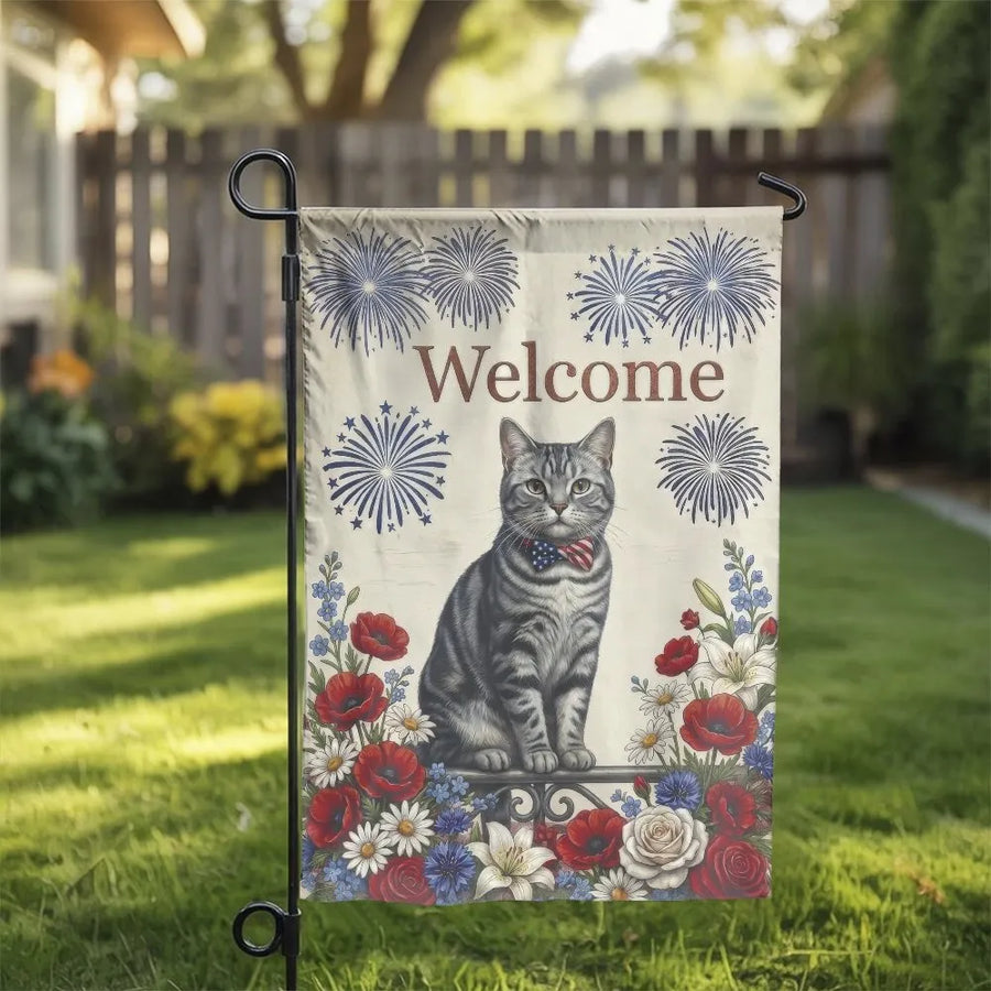 Patriotic Cat Garden Flag | Tabby Cat Welcome Sign with Fireworks | Double-Sided Polyester | 4th of July Yard Decor Gift for Cat Lover