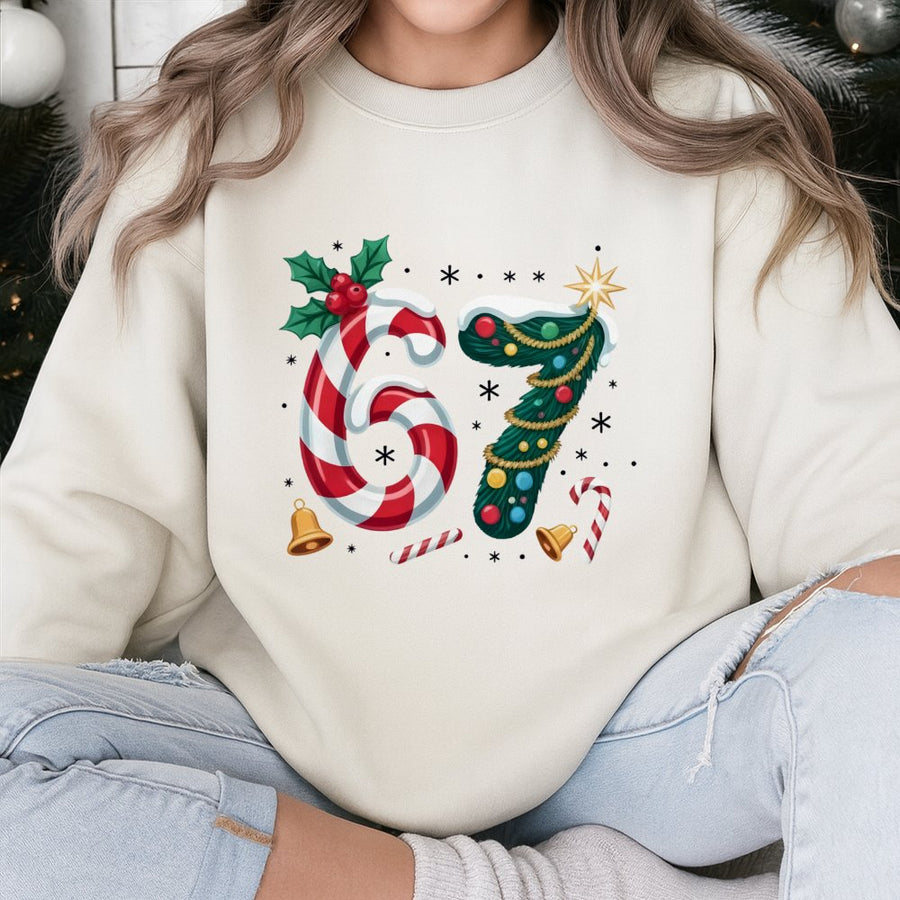 67th Birthday Christmas Sweatshirt | Candy Cane and Holiday Tree Number Design | Soft Cotton Blend Fleece | Festive Party Gift for Him or Her